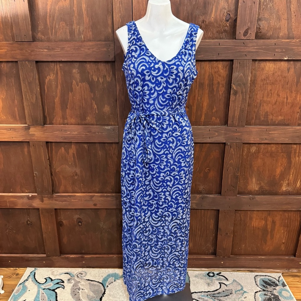 Sharagano Blue and White Sleeveless Maxi Dress with Self-Tie Waist
